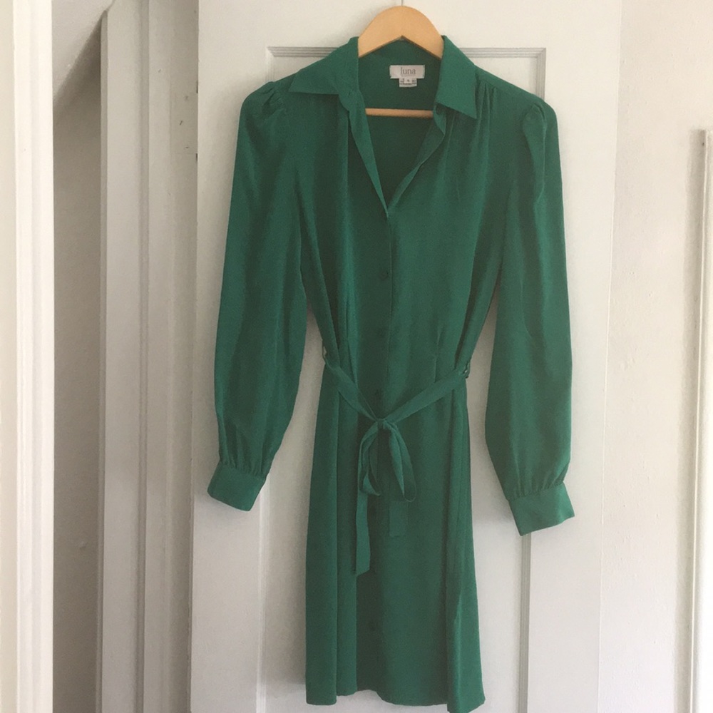 Luna by Josandra silk green LS button down dress